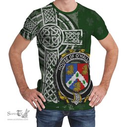 ScotsTee Shop Irish Holligan or O'Halligan Coat of Arms Irish Family Crest T Shirt Irish Shamrock Celtic Cross Green T Shirt