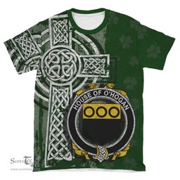 ScotsTee Shop Irish Hogan or O'Hogan Coat of Arms Irish Family Crest T Shirt Irish Shamrock Celtic Cross Green T Shirt