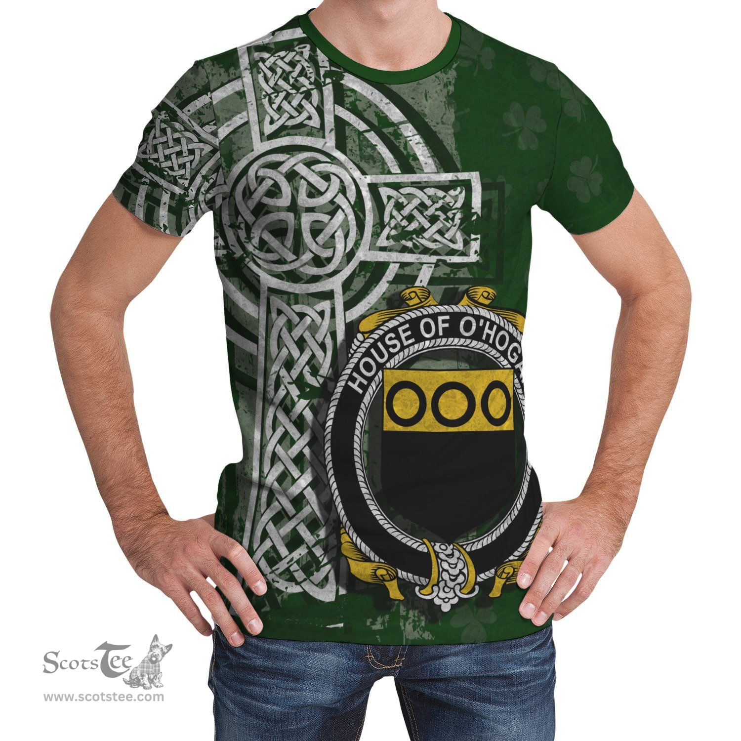 ScotsTee Shop Irish Hogan or O'Hogan Coat of Arms Irish Family Crest T Shirt Irish Shamrock Celtic Cross Green T Shirt