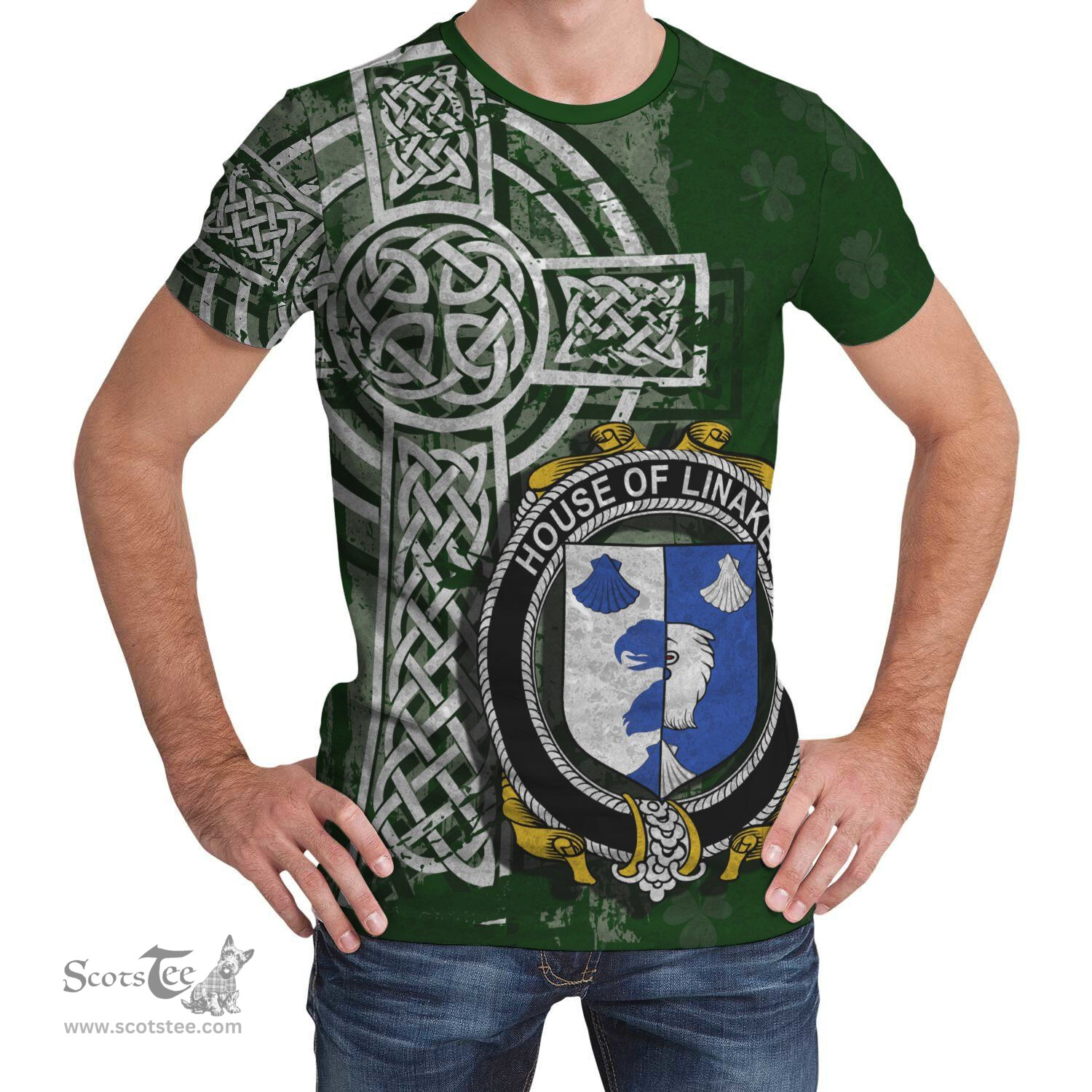 ScotsTee Shop Irish Linaker Coat of Arms Irish Family Crest T Shirt Irish Shamrock Celtic Cross Green T Shirt