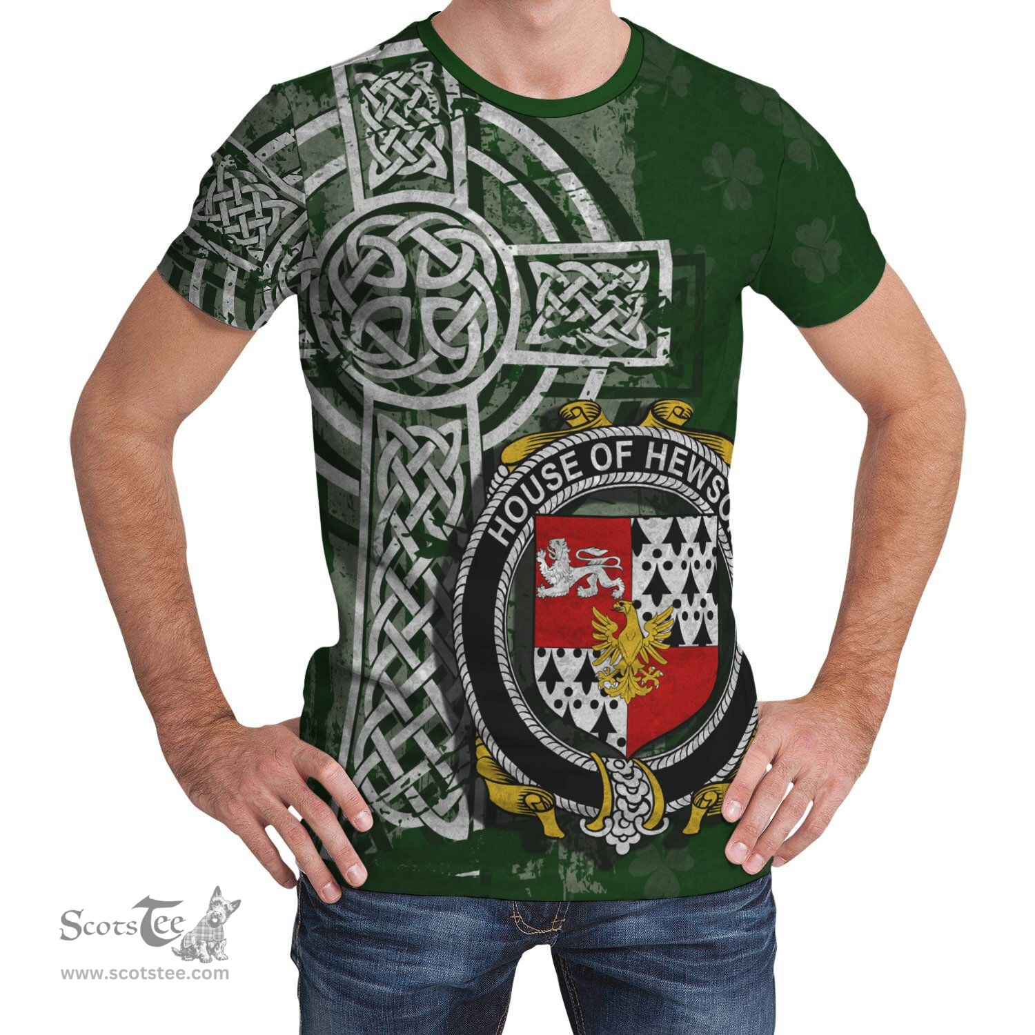 ScotsTee Shop Irish Hewson Coat of Arms Irish Family Crest T Shirt Irish Shamrock Celtic Cross Green T Shirt
