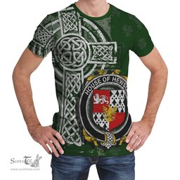 ScotsTee Shop Irish Hewson Coat of Arms Irish Family Crest T Shirt Irish Shamrock Celtic Cross Green T Shirt
