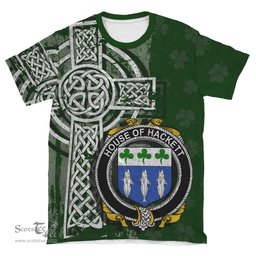 ScotsTee Shop Irish Hackett Coat of Arms Irish Family Crest T Shirt Irish Shamrock Celtic Cross Green T Shirt