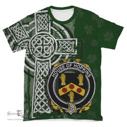 ScotsTee Shop Irish Hopkins Coat of Arms Irish Family Crest T Shirt Irish Shamrock Celtic Cross Green T Shirt