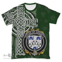 ScotsTee Shop Irish Hassett or Hasset Coat of Arms Irish Family Crest T Shirt Irish Shamrock Celtic Cross Green T Shirt