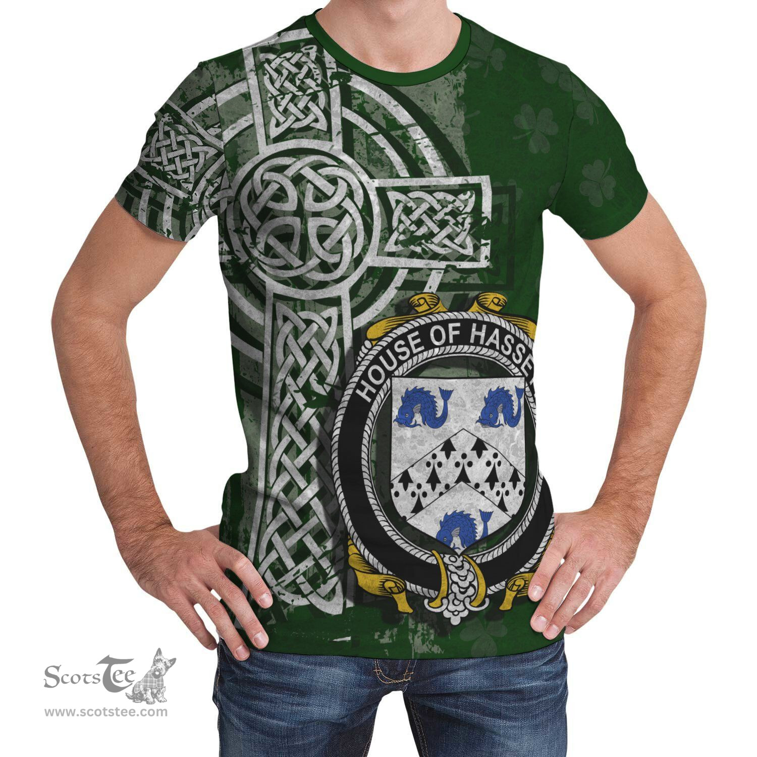 ScotsTee Shop Irish Hassett or Hasset Coat of Arms Irish Family Crest T Shirt Irish Shamrock Celtic Cross Green T Shirt