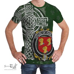 ScotsTee Shop Irish Hamley Coat of Arms Irish Family Crest T Shirt Irish Shamrock Celtic Cross Green T Shirt