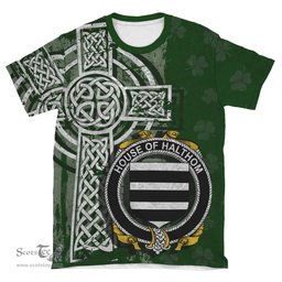 ScotsTee Shop Irish Halthom Coat of Arms Irish Family Crest T Shirt Irish Shamrock Celtic Cross Green T Shirt
