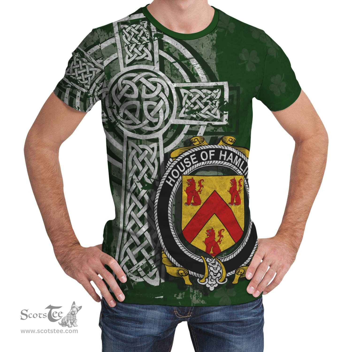ScotsTee Shop Irish Hamline Coat of Arms Irish Family Crest T Shirt Irish Shamrock Celtic Cross Green T Shirt