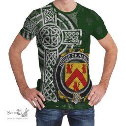 ScotsTee Shop Irish Hamline Coat of Arms Irish Family Crest T Shirt Irish Shamrock Celtic Cross Green T Shirt