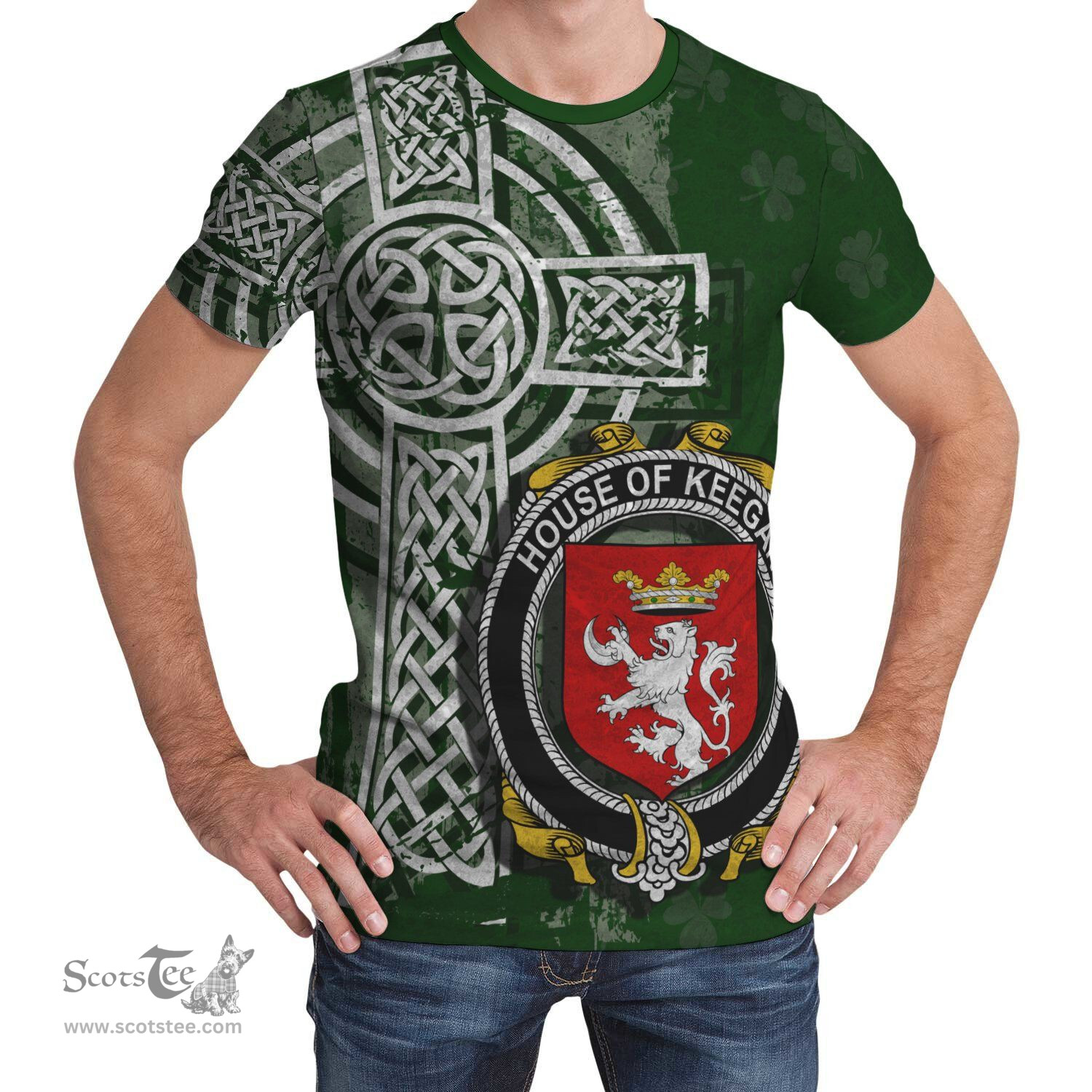 ScotsTee Shop Irish Keegan or Egan Coat of Arms Irish Family Crest T Shirt Irish Shamrock Celtic Cross Green T Shirt