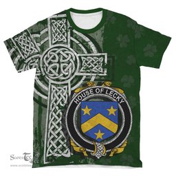 ScotsTee Shop Irish Lecky or Lackey Coat of Arms Irish Family Crest T Shirt Irish Shamrock Celtic Cross Green T Shirt