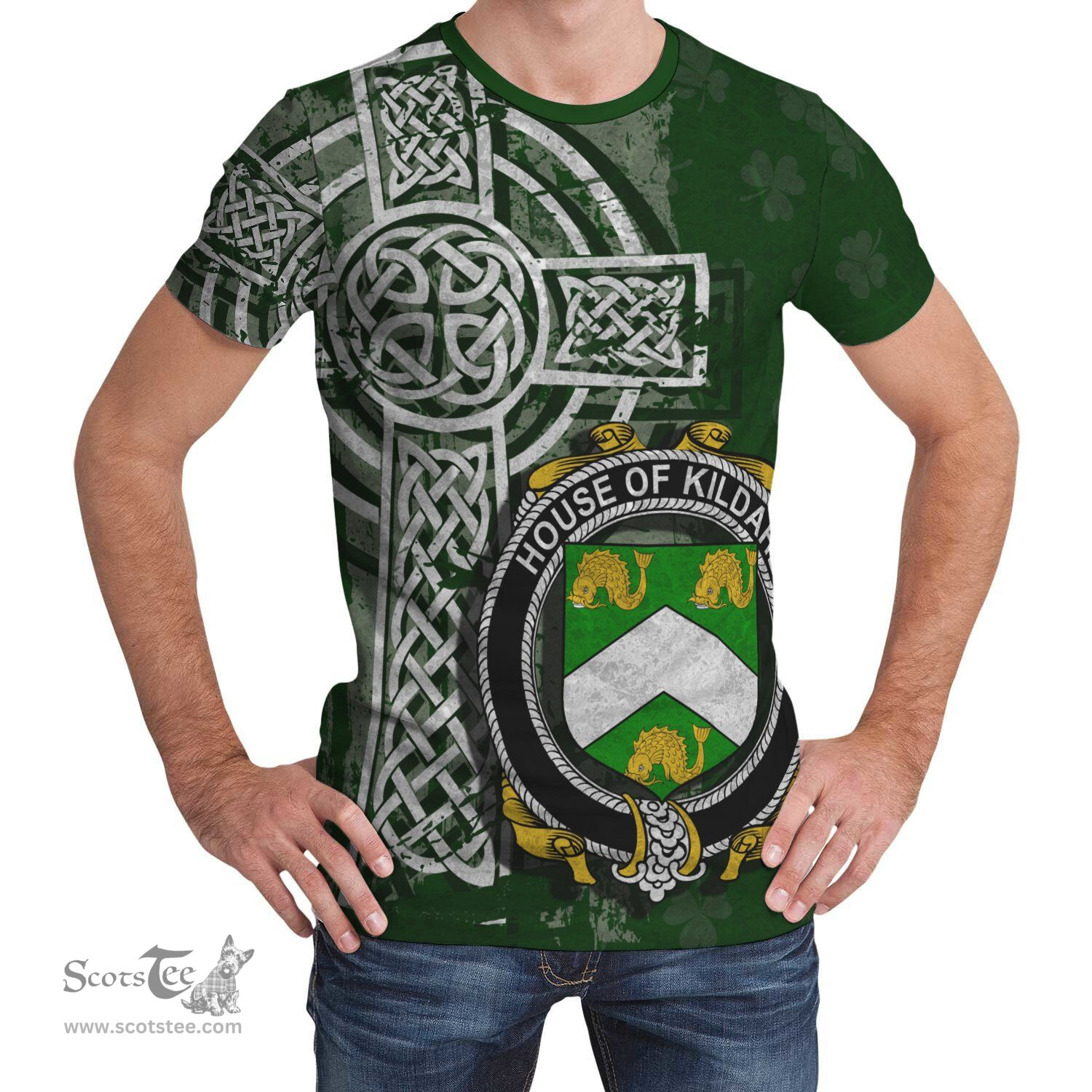 ScotsTee Shop Irish Kildahl Coat of Arms Irish Family Crest T Shirt Irish Shamrock Celtic Cross Green T Shirt