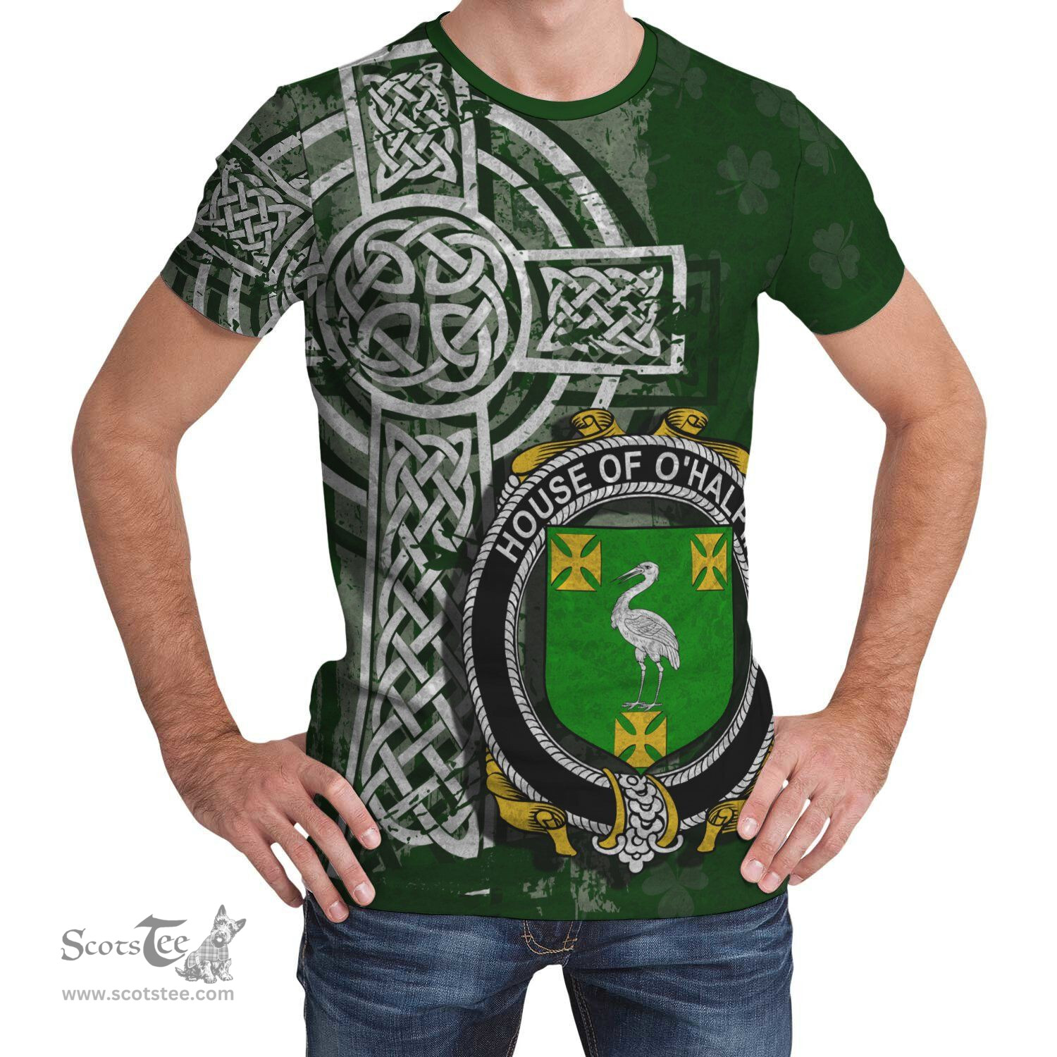 ScotsTee Shop Irish Halpin or O'Halpin Coat of Arms Irish Family Crest T Shirt Irish Shamrock Celtic Cross Green T Shirt
