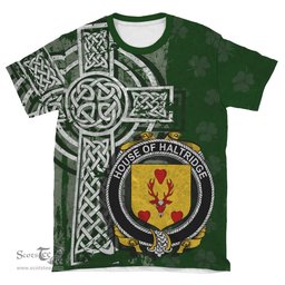 ScotsTee Shop Irish Haltridge Coat of Arms Irish Family Crest T Shirt Irish Shamrock Celtic Cross Green T Shirt