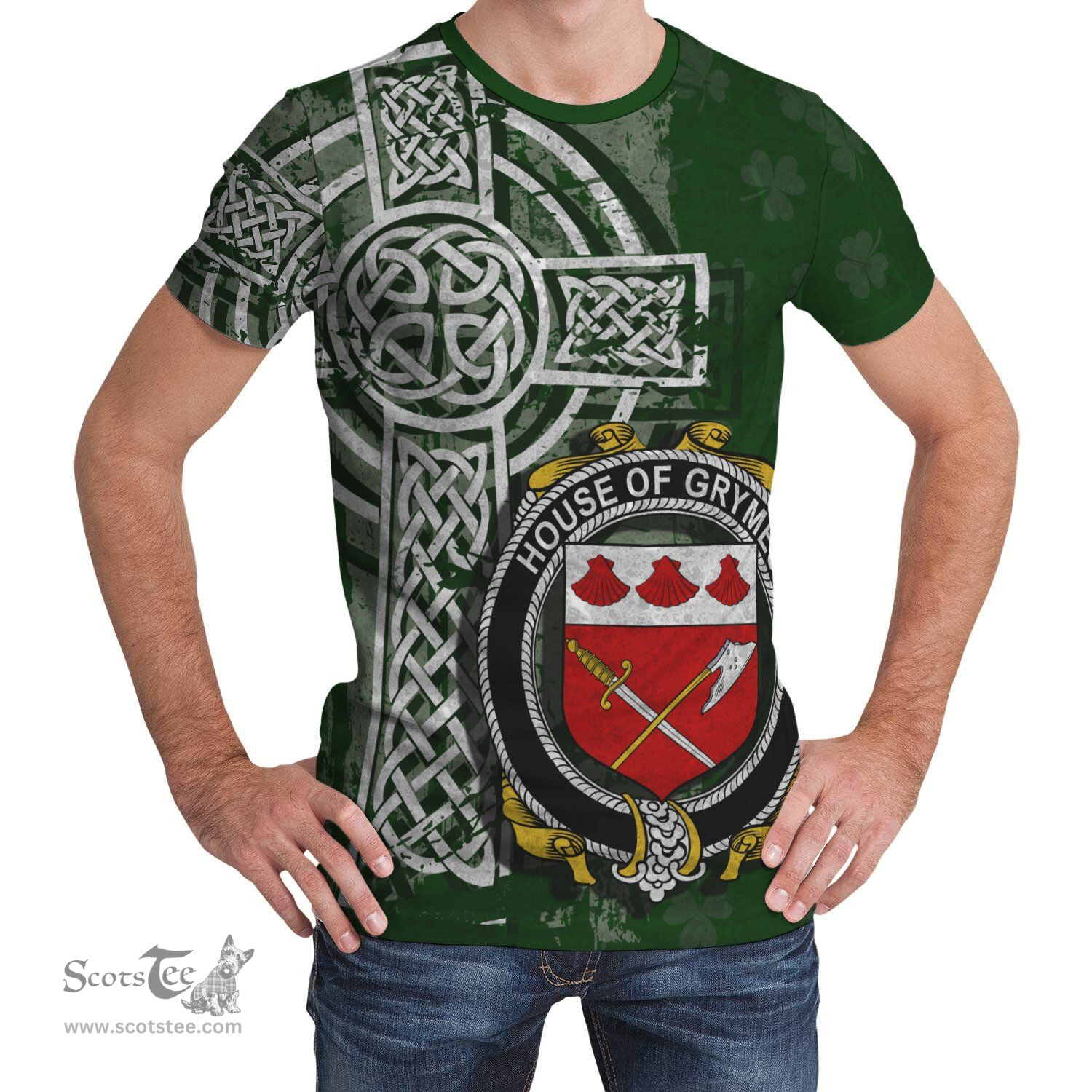 ScotsTee Shop Irish Grymes Coat of Arms Irish Family Crest T Shirt Irish Shamrock Celtic Cross Green T Shirt