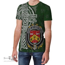 ScotsTee Shop Irish Kirkwood Coat of Arms Irish Family Crest T Shirt Irish Shamrock Celtic Cross Green T Shirt