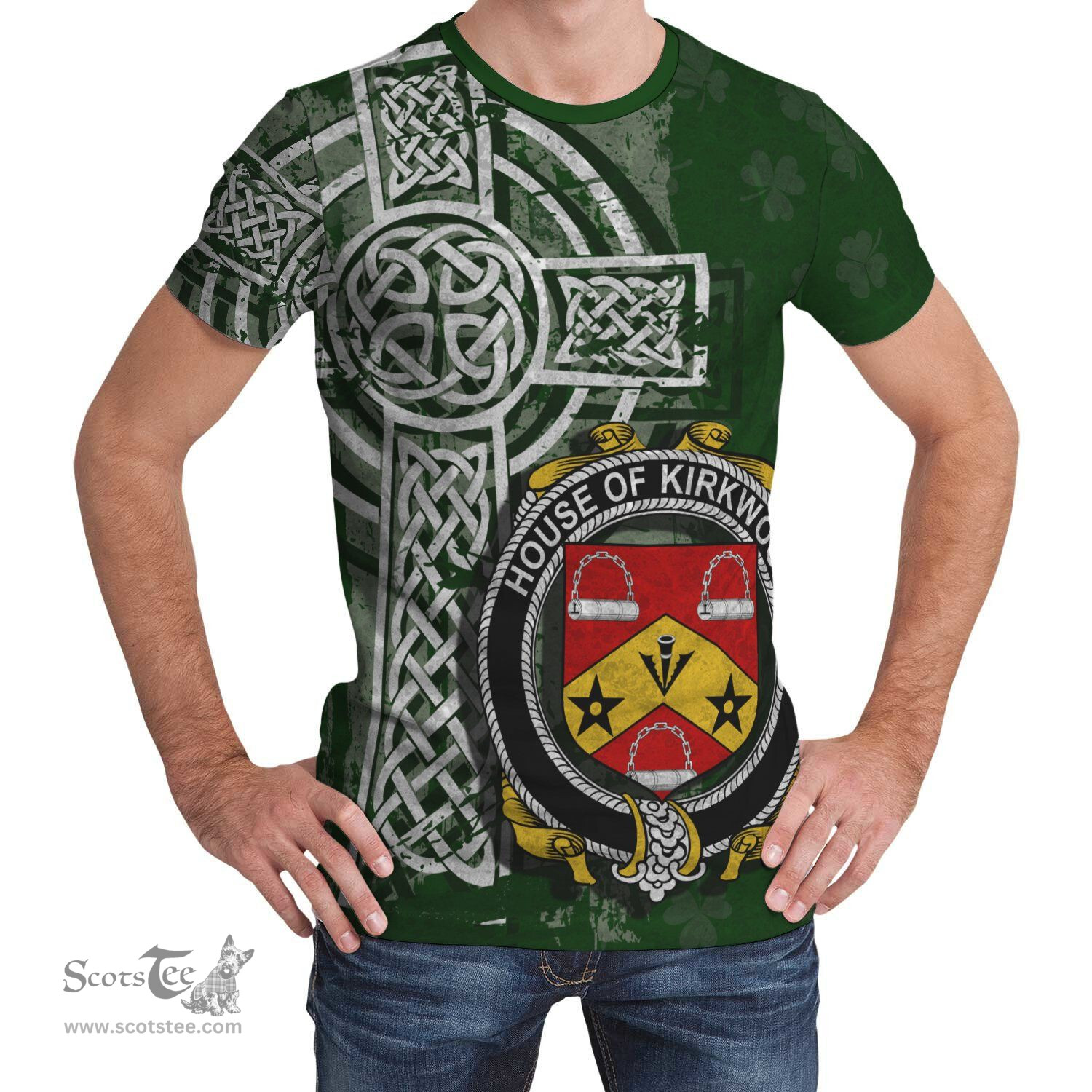 ScotsTee Shop Irish Kirkwood Coat of Arms Irish Family Crest T Shirt Irish Shamrock Celtic Cross Green T Shirt