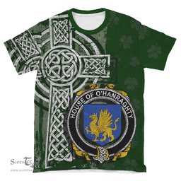ScotsTee Shop Irish Hanratty or O'Hanraghty Coat of Arms Irish Family Crest T Shirt Irish Shamrock Celtic Cross Green T Shirt