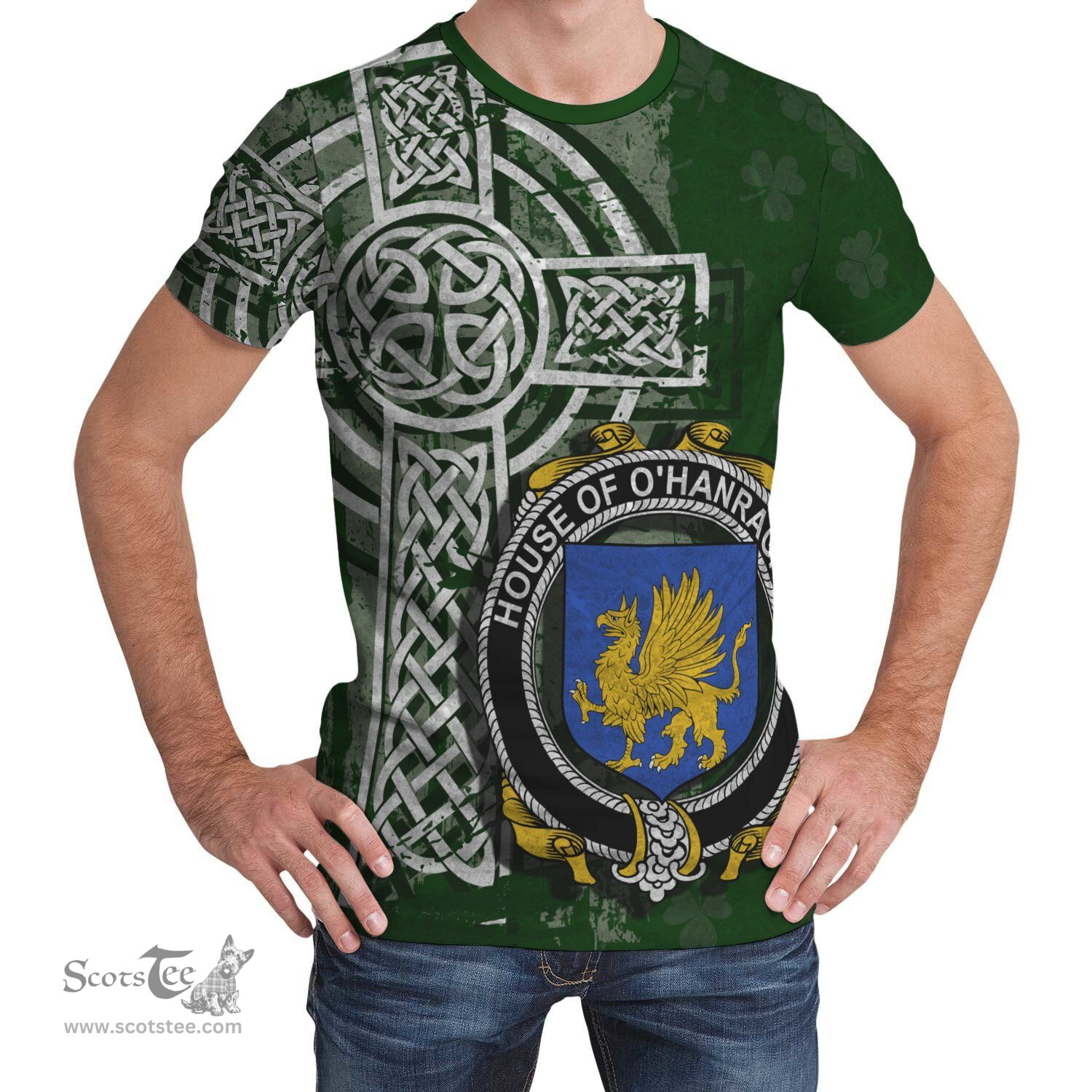 ScotsTee Shop Irish Hanratty or O'Hanraghty Coat of Arms Irish Family Crest T Shirt Irish Shamrock Celtic Cross Green T Shirt