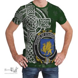 ScotsTee Shop Irish Hanratty or O'Hanraghty Coat of Arms Irish Family Crest T Shirt Irish Shamrock Celtic Cross Green T Shirt