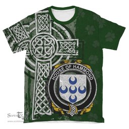ScotsTee Shop Irish Hammond Coat of Arms Irish Family Crest T Shirt Irish Shamrock Celtic Cross Green T Shirt