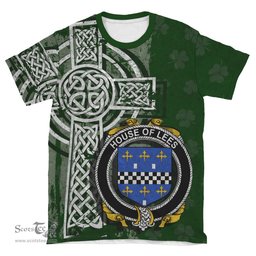 ScotsTee Shop Irish Lees or McAleese Coat of Arms Irish Family Crest T Shirt Irish Shamrock Celtic Cross Green T Shirt