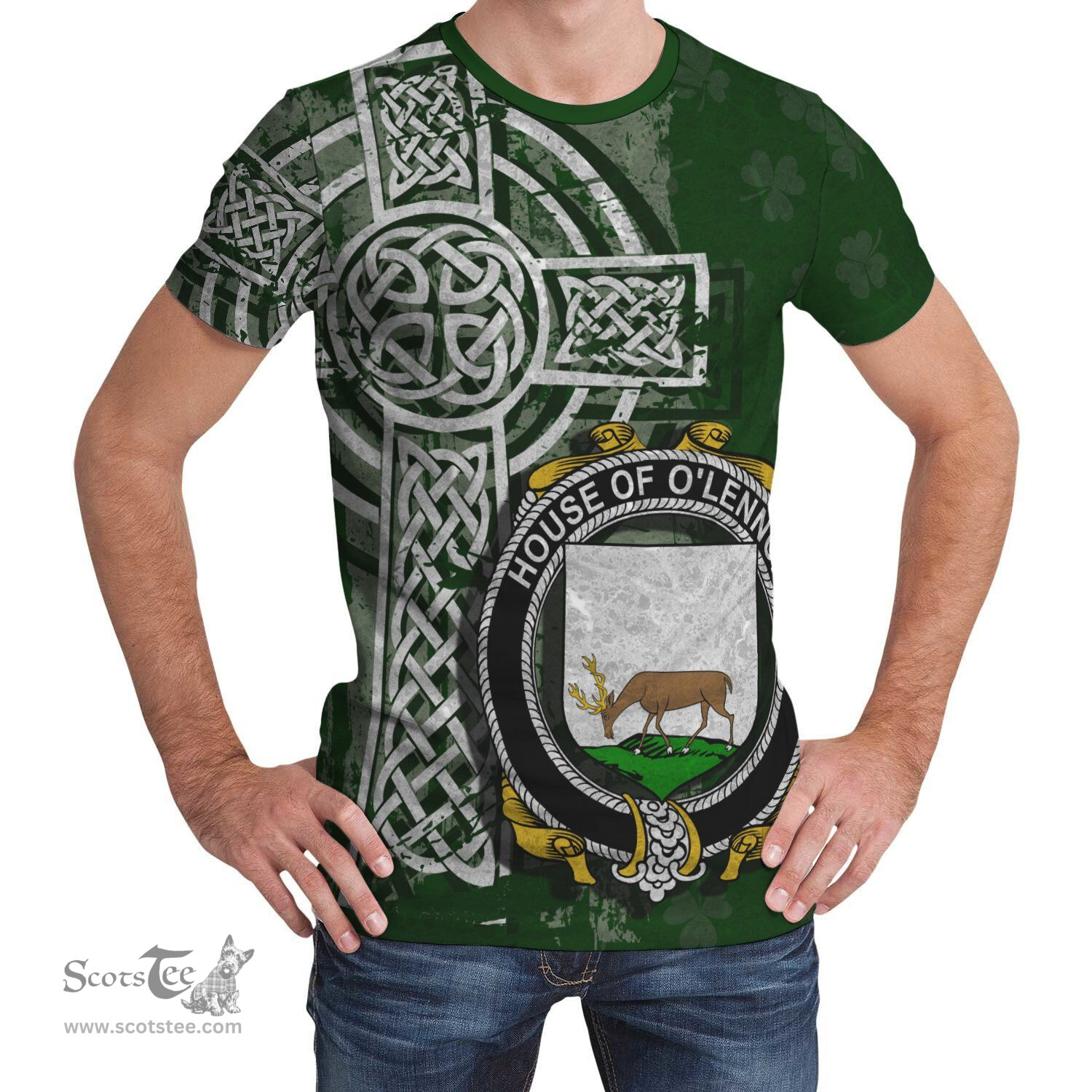 ScotsTee Shop Irish Lennon or O'Lennon Coat of Arms Irish Family Crest T Shirt Irish Shamrock Celtic Cross Green T Shirt