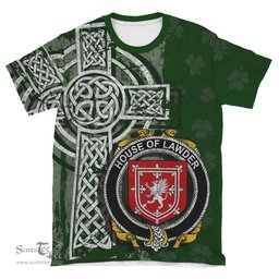 ScotsTee Shop Irish Lawder or Lauder Coat of Arms Irish Family Crest T Shirt Irish Shamrock Celtic Cross Green T Shirt