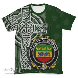 ScotsTee Shop Irish Heffernan or O'Heffernan Coat of Arms Irish Family Crest T Shirt Irish Shamrock Celtic Cross Green T Shirt