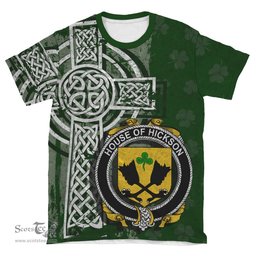ScotsTee Shop Irish Hickson Coat of Arms Irish Family Crest T Shirt Irish Shamrock Celtic Cross Green T Shirt