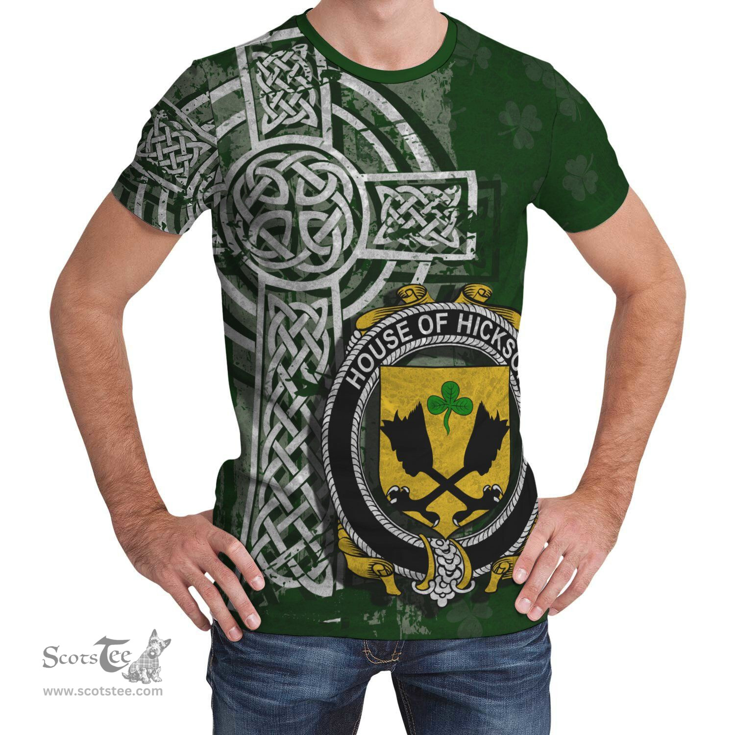 ScotsTee Shop Irish Hickson Coat of Arms Irish Family Crest T Shirt Irish Shamrock Celtic Cross Green T Shirt