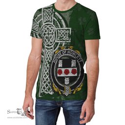 ScotsTee Shop Irish Howlett or Hewlett Coat of Arms Irish Family Crest T Shirt Irish Shamrock Celtic Cross Green T Shirt