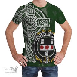 ScotsTee Shop Irish Howlett or Hewlett Coat of Arms Irish Family Crest T Shirt Irish Shamrock Celtic Cross Green T Shirt
