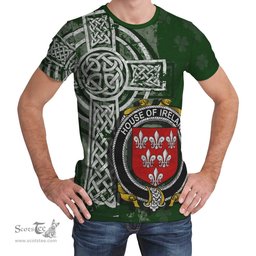 ScotsTee Shop Irish Ireland Coat of Arms Irish Family Crest T Shirt Irish Shamrock Celtic Cross Green T Shirt
