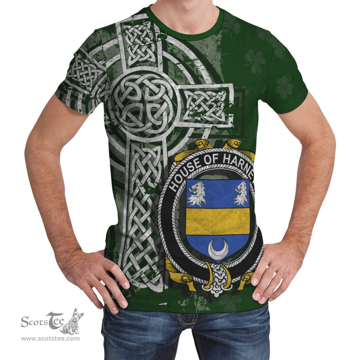 ScotsTee Shop Irish Harnett or Hartnet Coat of Arms Irish Family Crest T Shirt Irish Shamrock Celtic Cross Green T Shirt