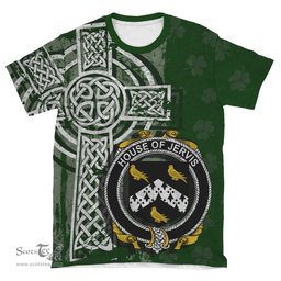 ScotsTee Shop Irish Jervis or Jarvis Coat of Arms Irish Family Crest T Shirt Irish Shamrock Celtic Cross Green T Shirt