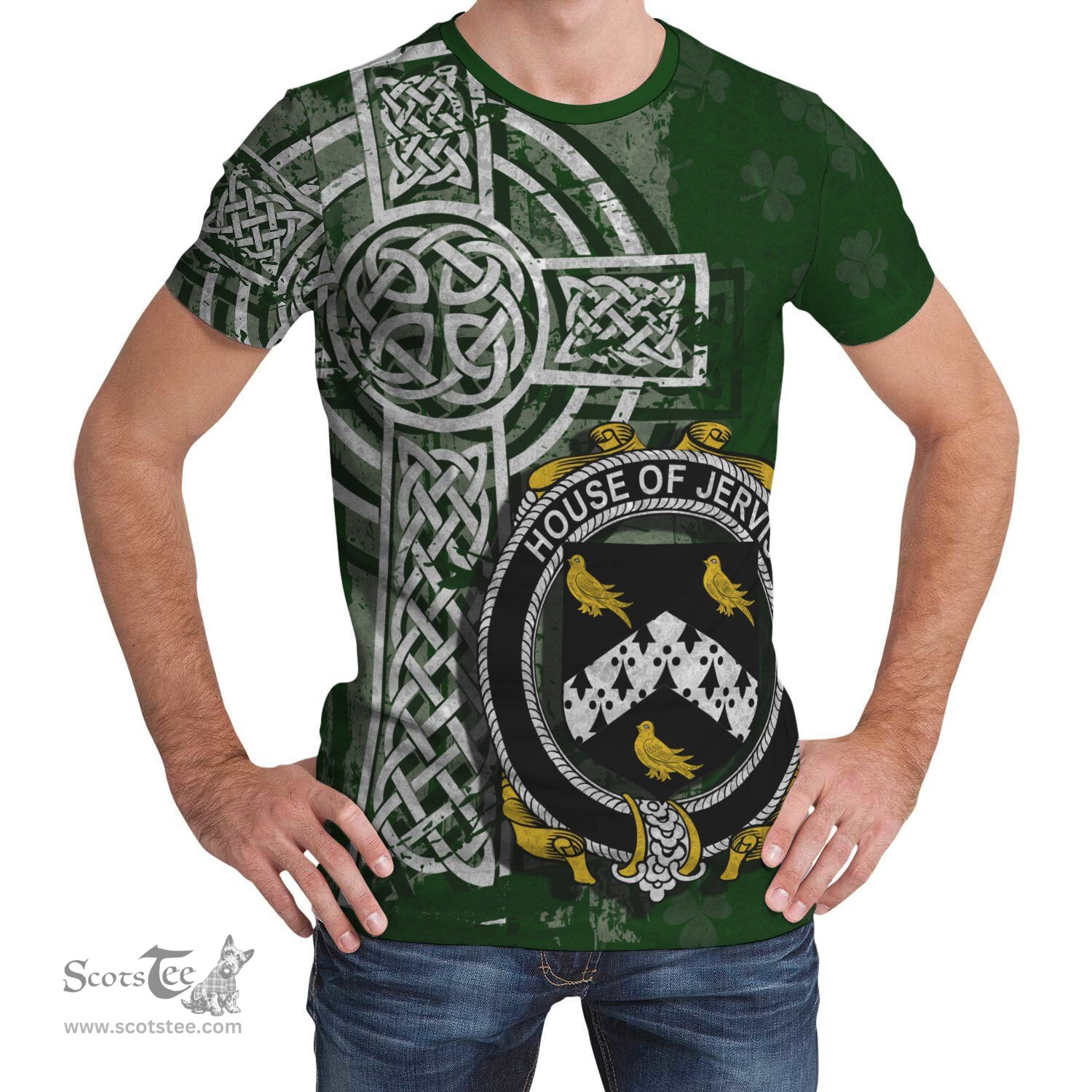 ScotsTee Shop Irish Jervis or Jarvis Coat of Arms Irish Family Crest T Shirt Irish Shamrock Celtic Cross Green T Shirt