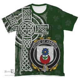 ScotsTee Shop Irish Harmon Coat of Arms Irish Family Crest T Shirt Irish Shamrock Celtic Cross Green T Shirt