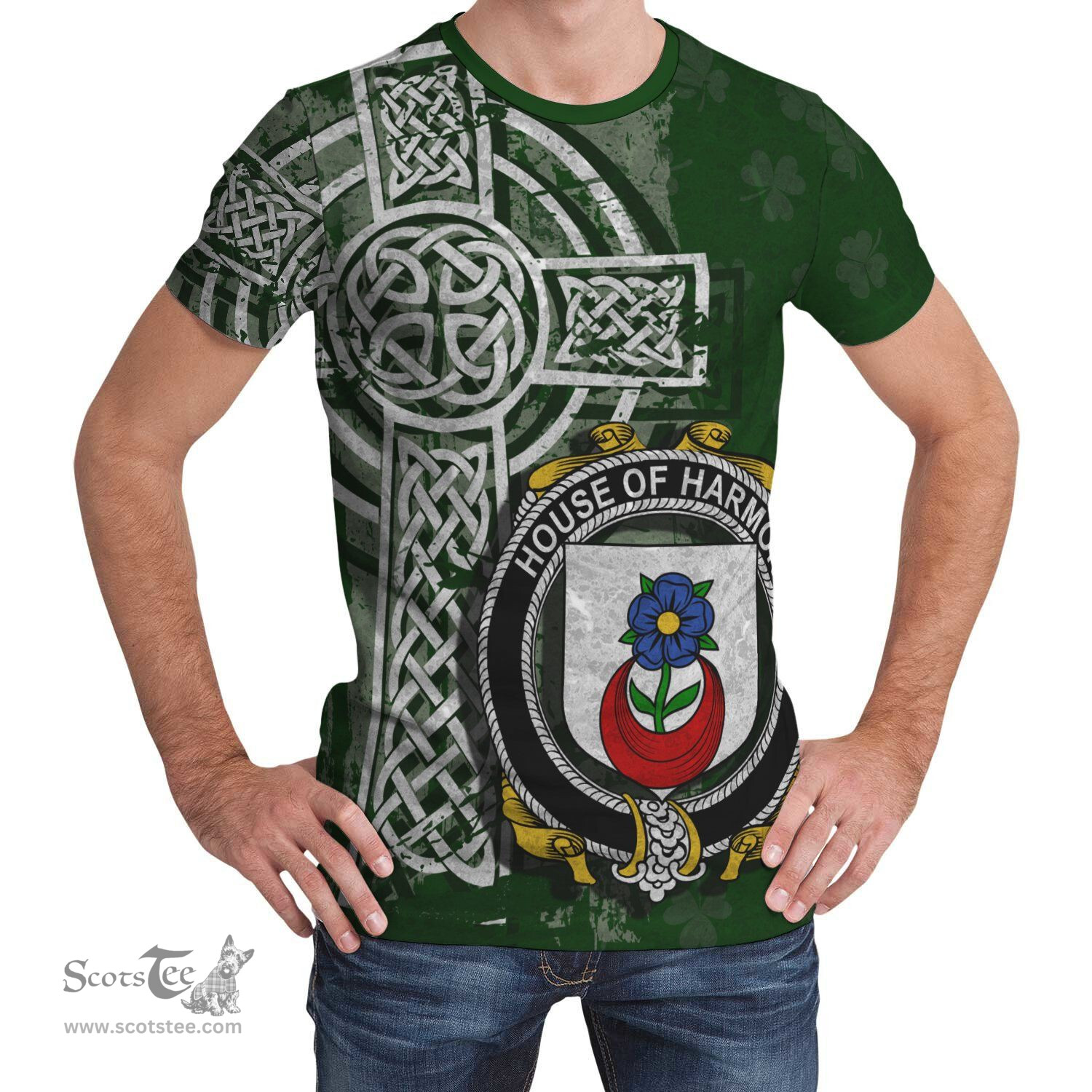 ScotsTee Shop Irish Harmon Coat of Arms Irish Family Crest T Shirt Irish Shamrock Celtic Cross Green T Shirt