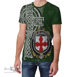 ScotsTee Shop Irish Laurence Coat of Arms Irish Family Crest T Shirt Irish Shamrock Celtic Cross Green T Shirt