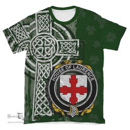 ScotsTee Shop Irish Laurence Coat of Arms Irish Family Crest T Shirt Irish Shamrock Celtic Cross Green T Shirt