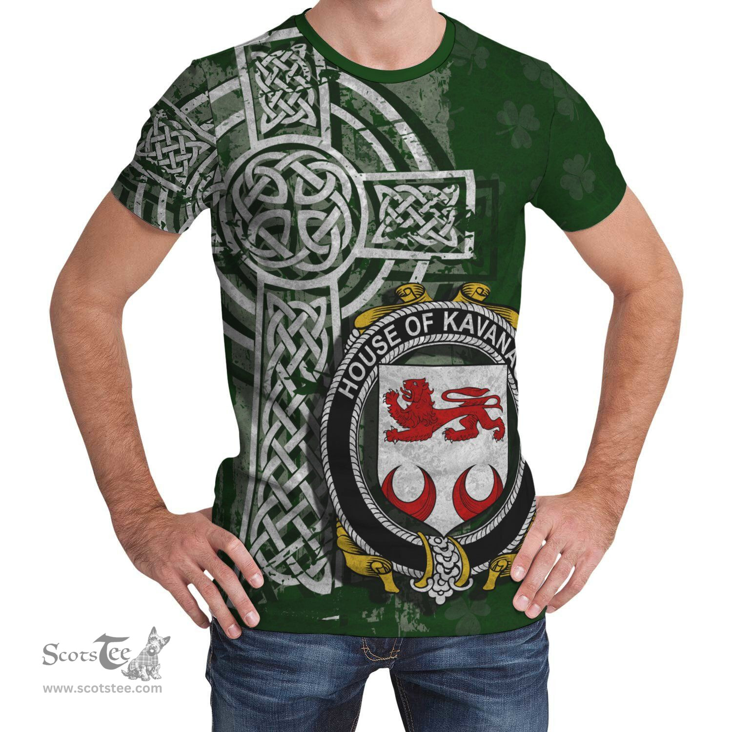 ScotsTee Shop Irish Kavanagh or Cavanagh Coat of Arms Irish Family Crest T Shirt Irish Shamrock Celtic Cross Green T Shirt