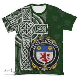ScotsTee Shop Irish Haugher or O'Haffey Coat of Arms Irish Family Crest T Shirt Irish Shamrock Celtic Cross Green T Shirt