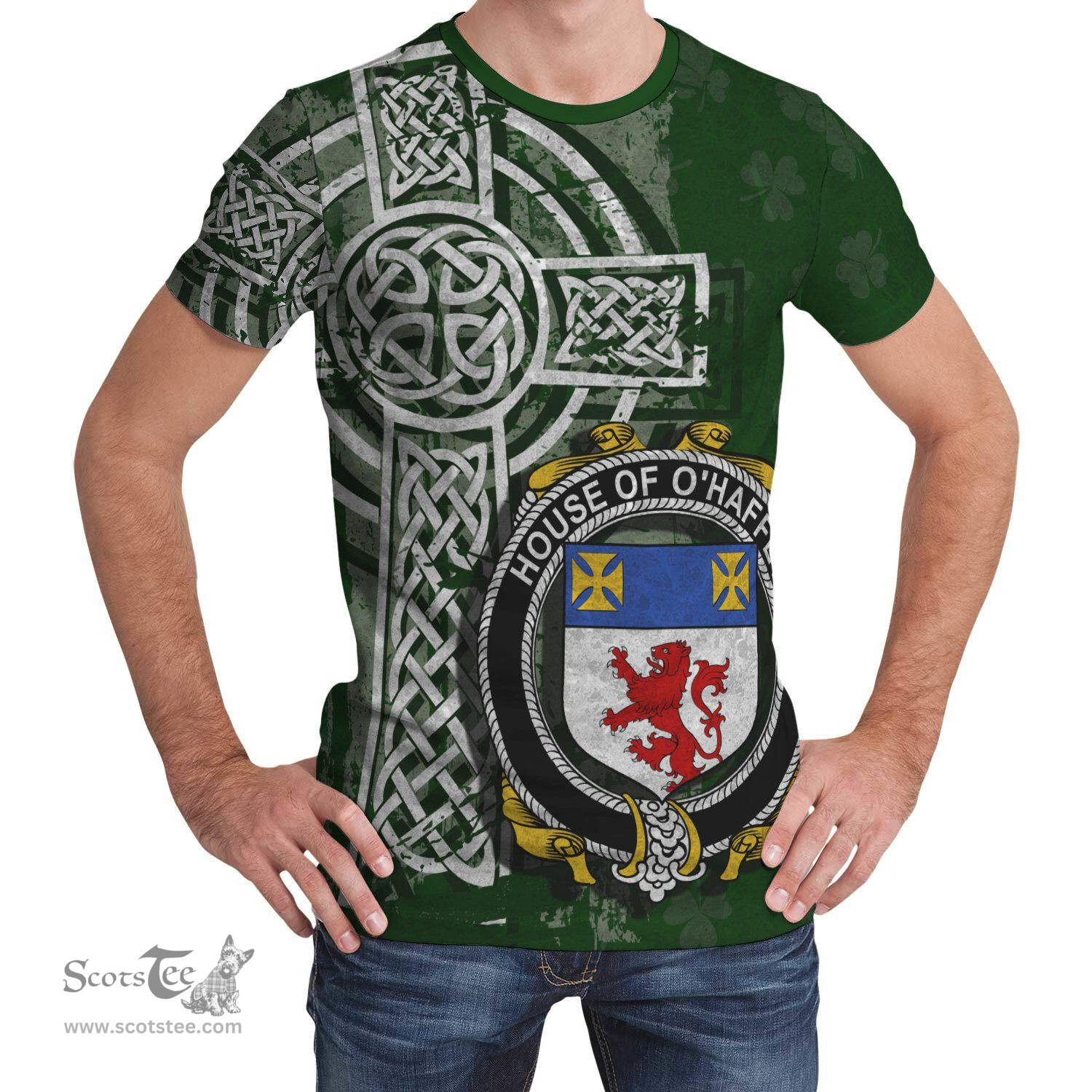 ScotsTee Shop Irish Haugher or O'Haffey Coat of Arms Irish Family Crest T Shirt Irish Shamrock Celtic Cross Green T Shirt
