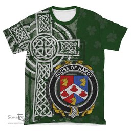 ScotsTee Shop Irish Hardy Coat of Arms Irish Family Crest T Shirt Irish Shamrock Celtic Cross Green T Shirt