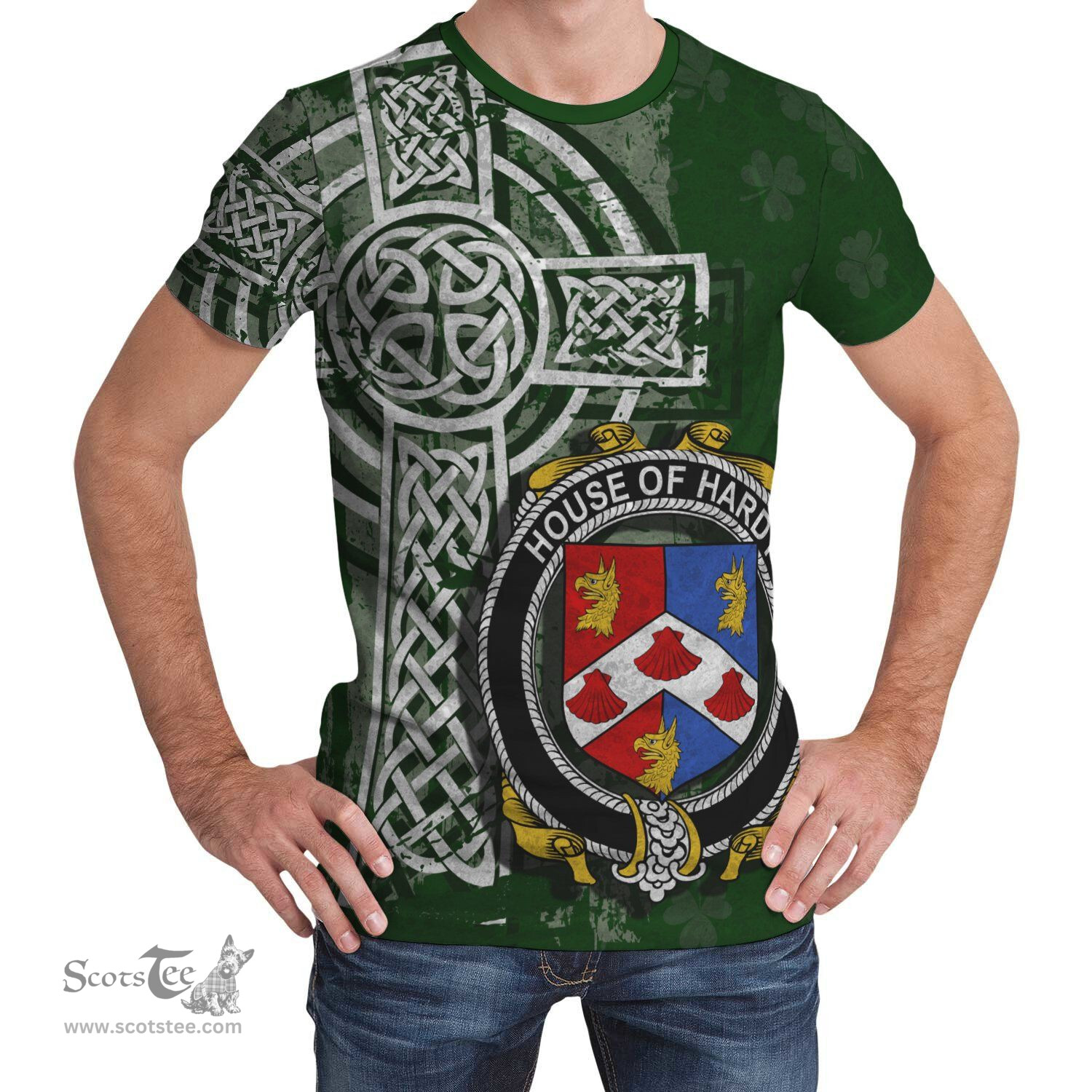ScotsTee Shop Irish Hardy Coat of Arms Irish Family Crest T Shirt Irish Shamrock Celtic Cross Green T Shirt