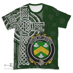ScotsTee Shop Irish Levinge or Levens Coat of Arms Irish Family Crest T Shirt Irish Shamrock Celtic Cross Green T Shirt