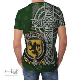 ScotsTee Shop Irish Laffan Coat of Arms Irish Family Crest T Shirt Irish Shamrock Celtic Cross Green T Shirt