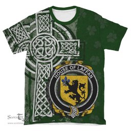 ScotsTee Shop Irish Laffan Coat of Arms Irish Family Crest T Shirt Irish Shamrock Celtic Cross Green T Shirt